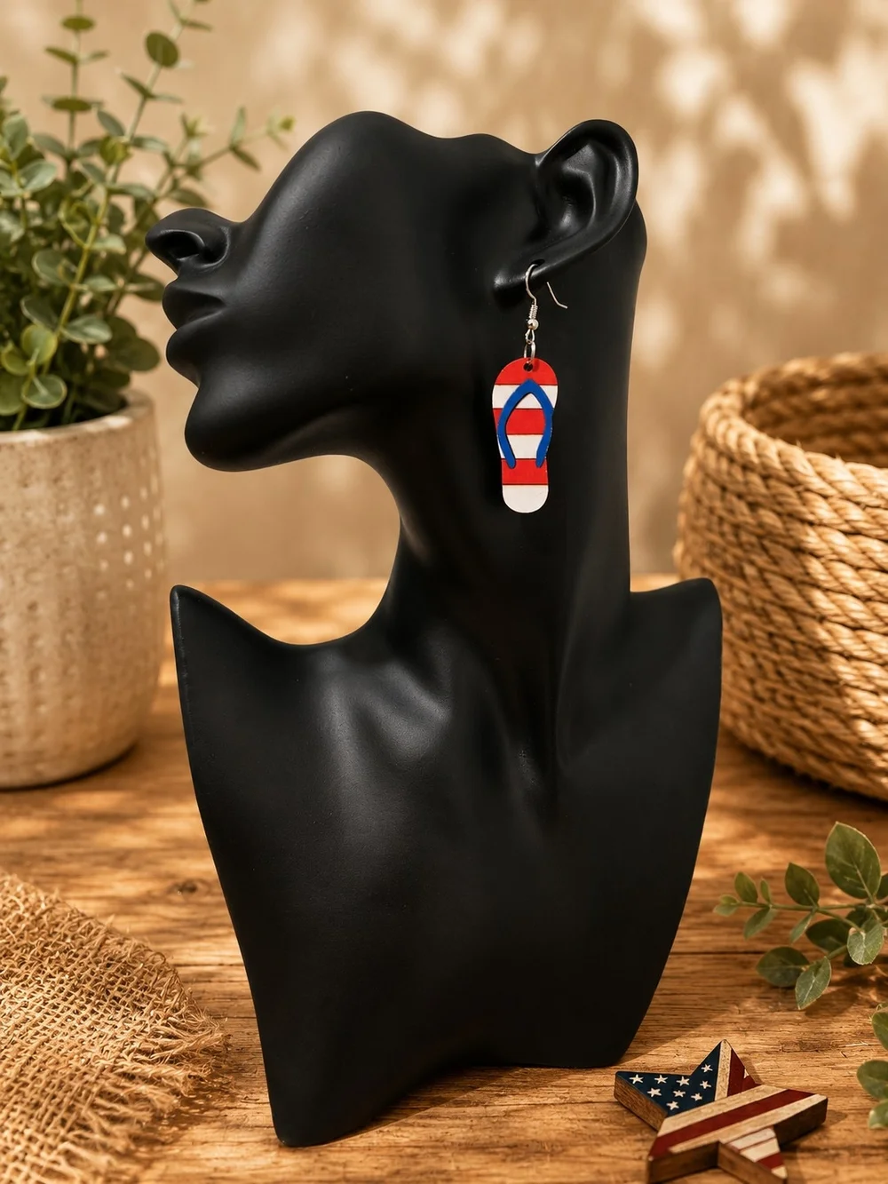 Patriotic Flip Flop Dangle‎ Earrings Red White Blue Summer Beach USA